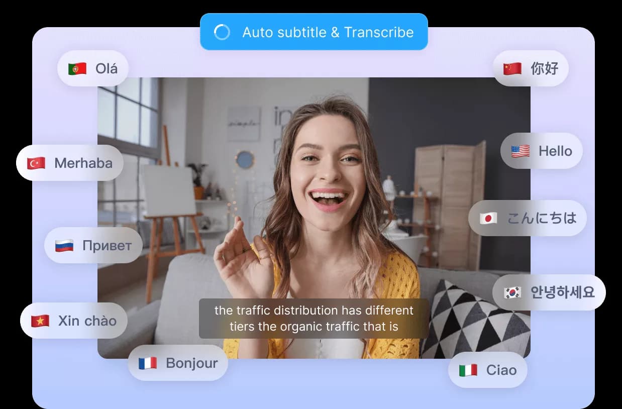 AI transcription preview with multilingual subtitle bubbles