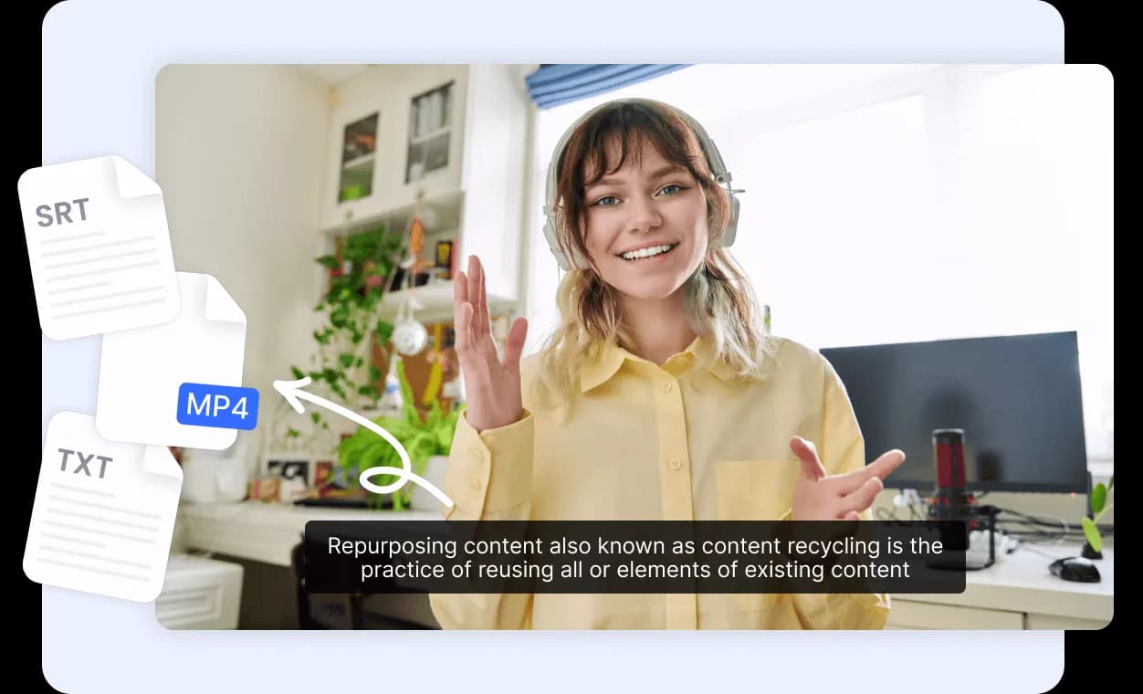 Video converted into transcript, subtitle, and text assets