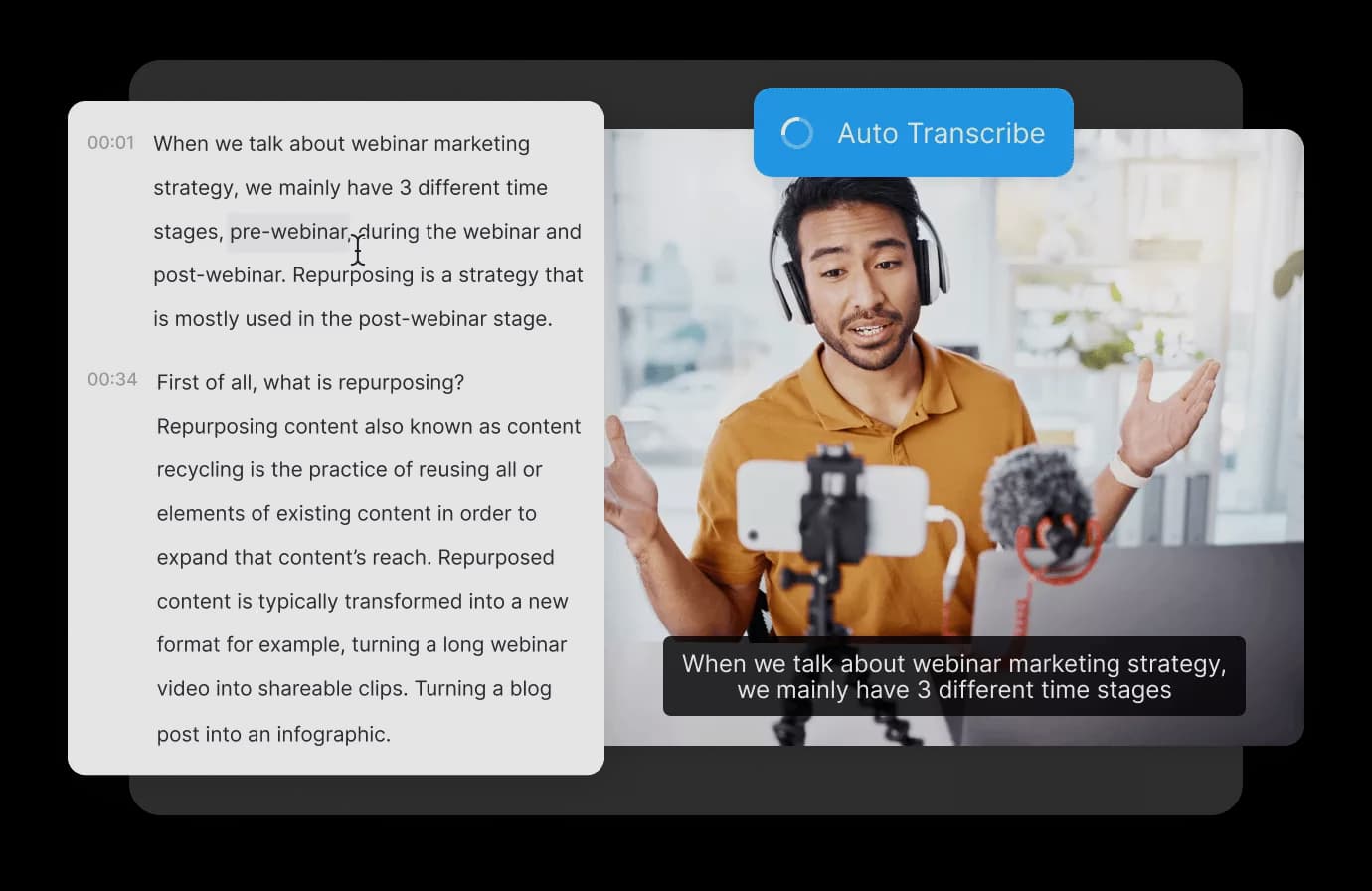 AI video to text interface with editable transcript output