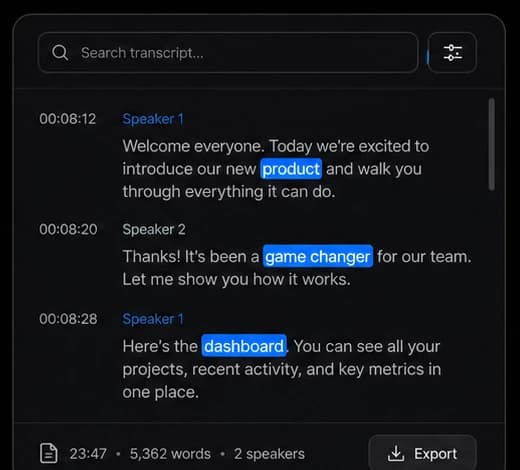GPT Transcribe searchable timestamped transcript output