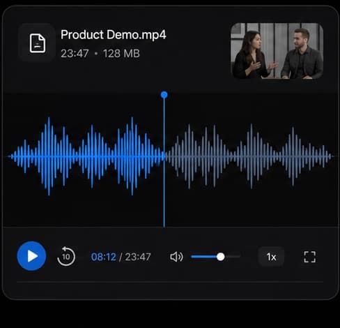 GPT Transcribe audio and video upload step with waveform preview