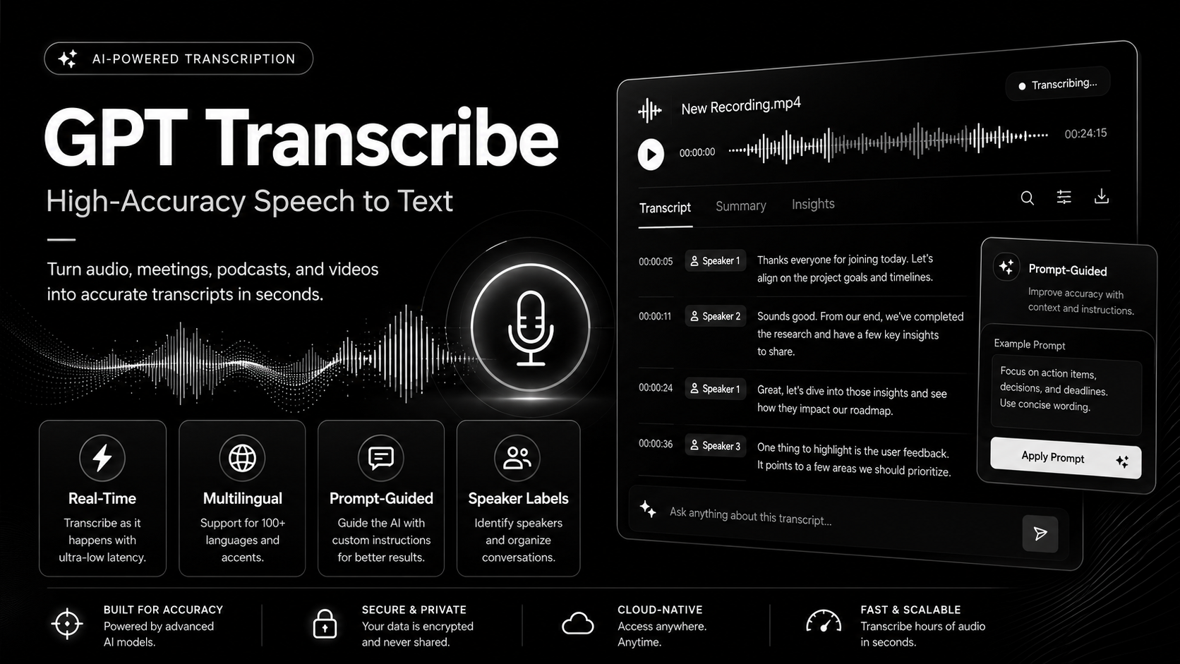 GPT Transcribe official website homepage showing the product interface and primary workflow